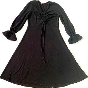 BNN Women's A Line Long Sleeve Flared Hem Drawstring Chest Dress, Black, size M